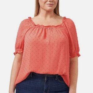 CeCe Plus Size Puff Sleeve Clip Dot Blouse in Coral, 3X, New with Tags